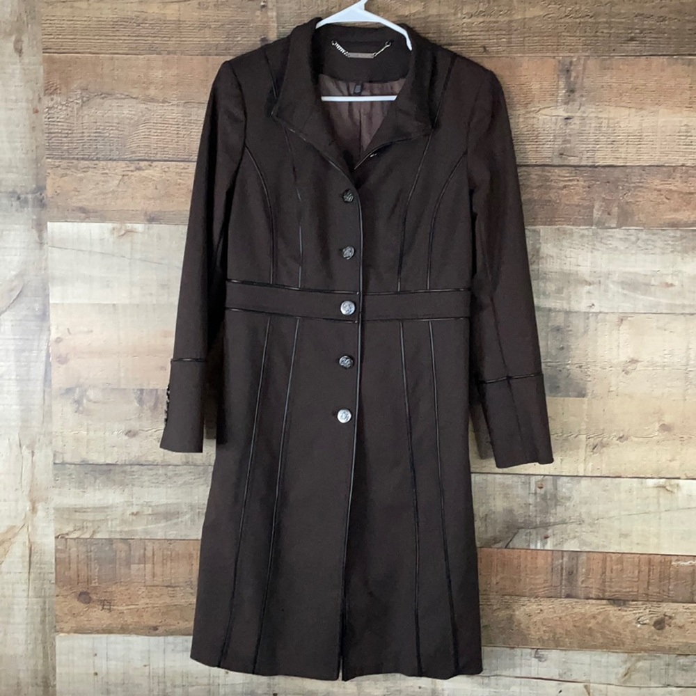 WHBM White House Black Market Faux Leather-Trim Military Coat brown trench Small